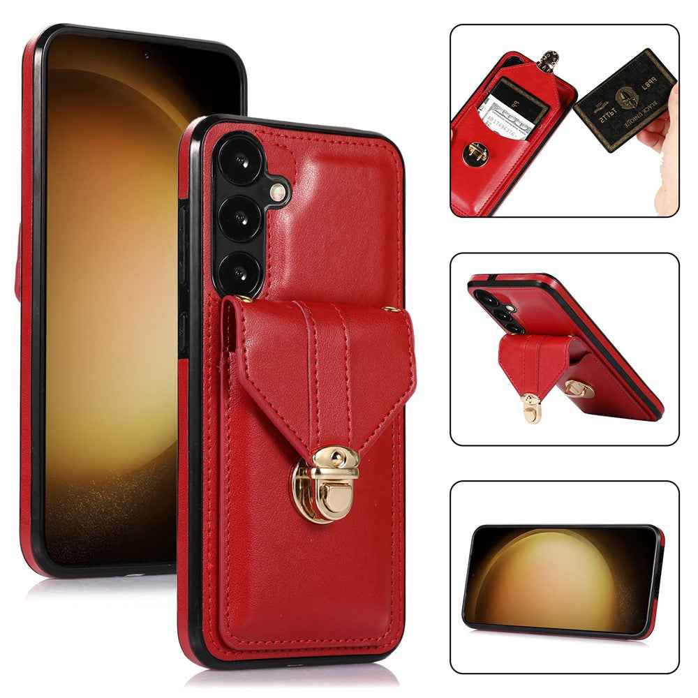 For Samsung Galaxy A57 5G Case Card Holder Kickstand PU Leather + TPU Phone Cover with Shoulder Strap - Red