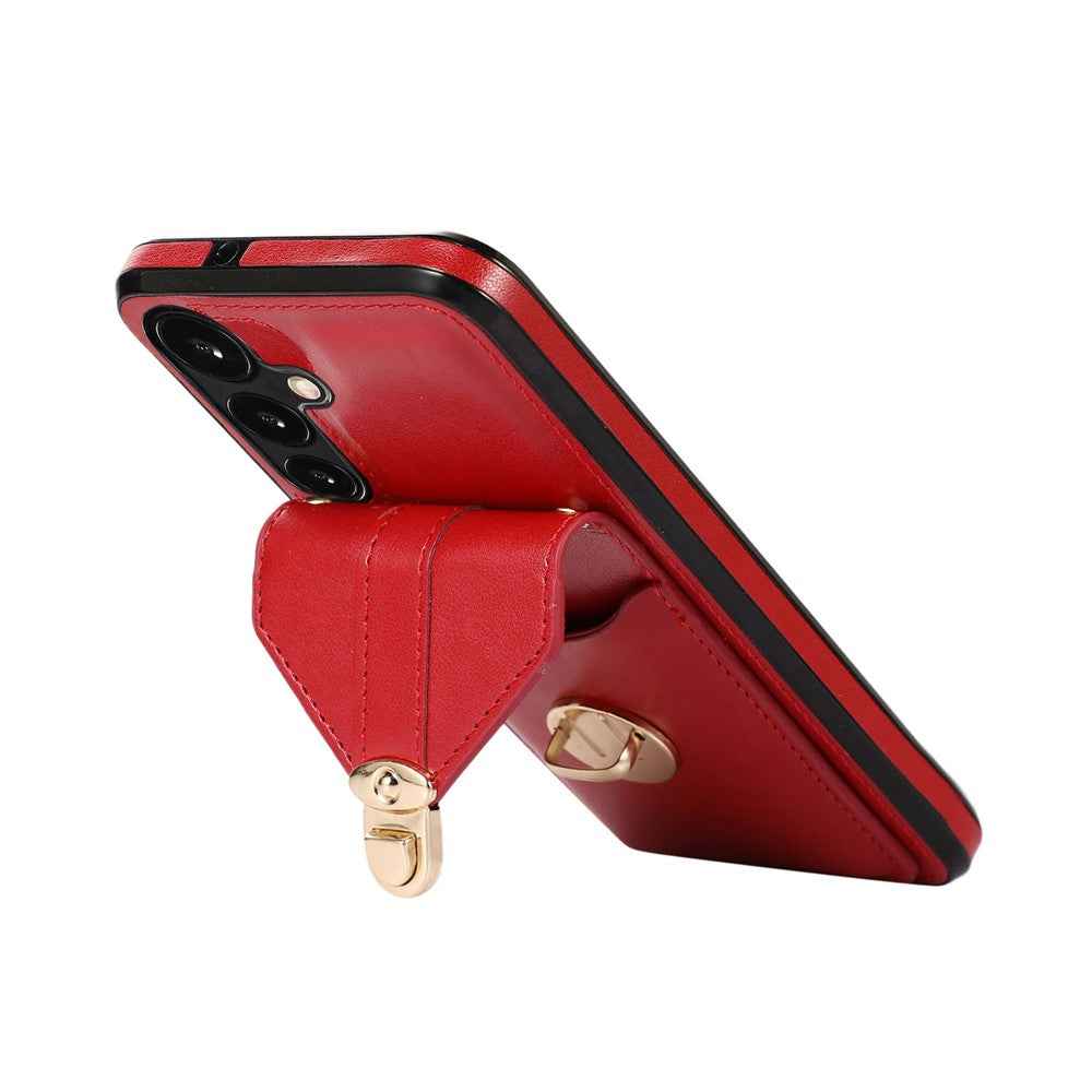 For Samsung Galaxy A57 5G Case Card Holder Kickstand PU Leather + TPU Phone Cover with Shoulder Strap - Red
