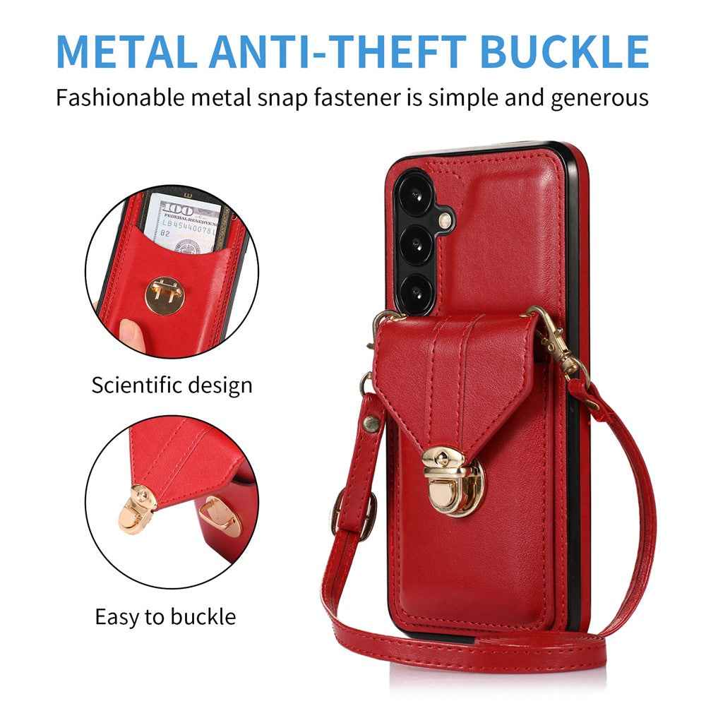 For Samsung Galaxy A57 5G Case Card Holder Kickstand PU Leather + TPU Phone Cover with Shoulder Strap - Red