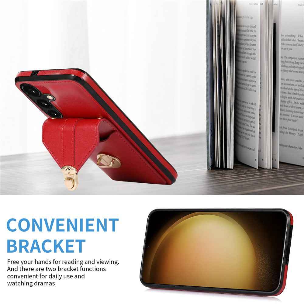 For Samsung Galaxy A57 5G Case Card Holder Kickstand PU Leather + TPU Phone Cover with Shoulder Strap - Red
