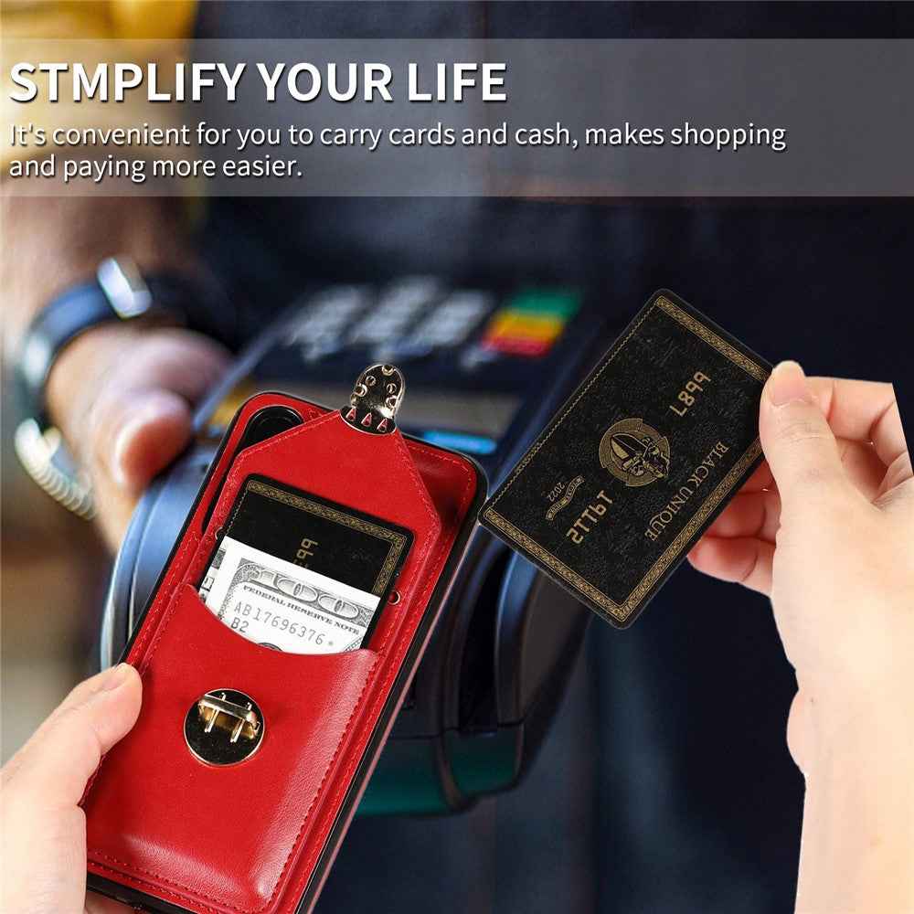 For Samsung Galaxy A57 5G Case Card Holder Kickstand PU Leather + TPU Phone Cover with Shoulder Strap - Red