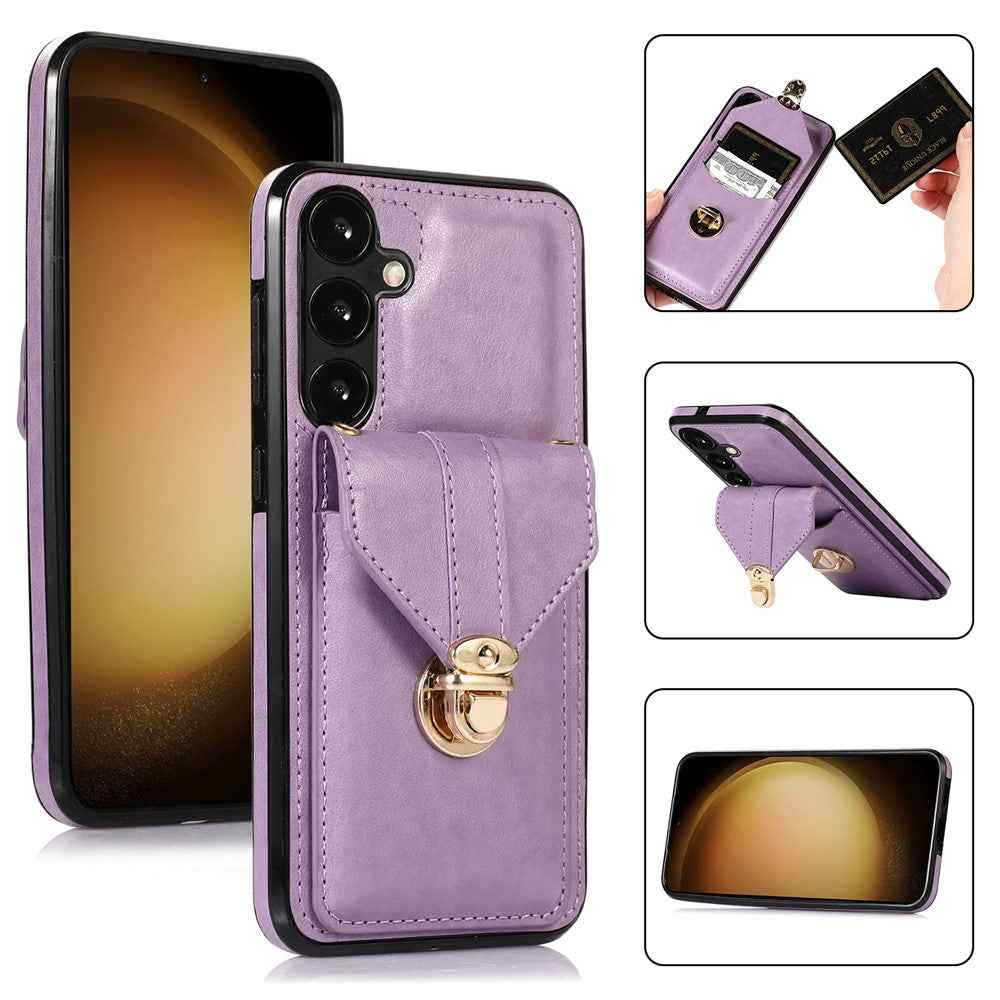 For Samsung Galaxy A57 5G Case Card Holder Kickstand PU Leather + TPU Phone Cover with Shoulder Strap - Purple