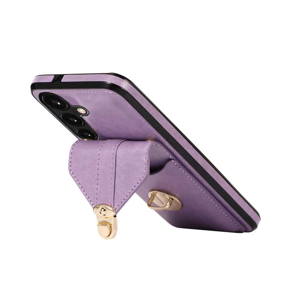 For Samsung Galaxy A57 5G Case Card Holder Kickstand PU Leather + TPU Phone Cover with Shoulder Strap - Purple