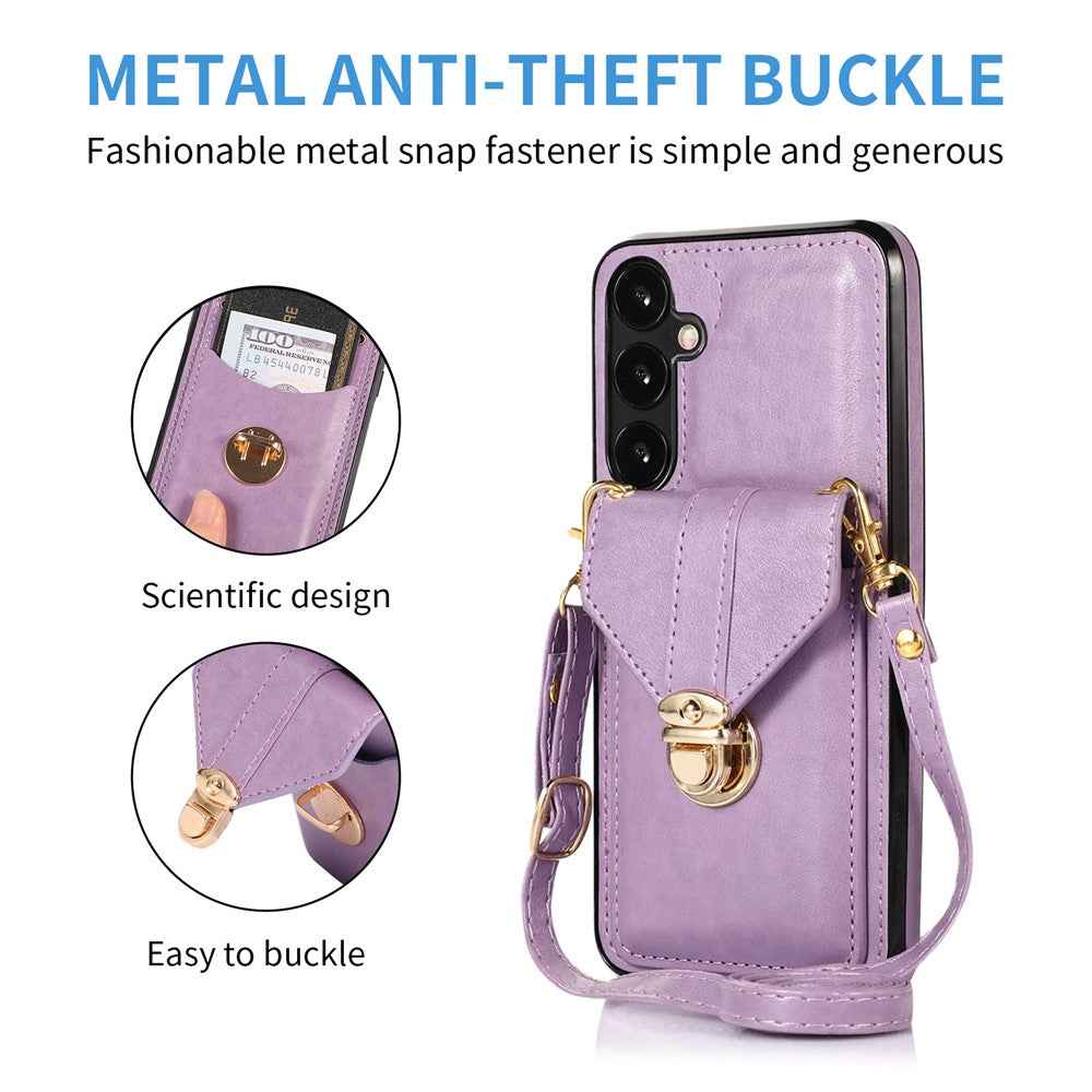 For Samsung Galaxy A57 5G Case Card Holder Kickstand PU Leather + TPU Phone Cover with Shoulder Strap - Purple