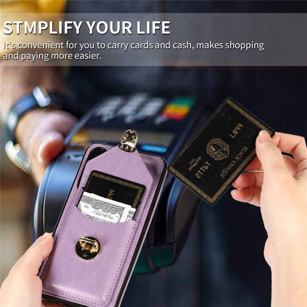 For Samsung Galaxy A57 5G Case Card Holder Kickstand PU Leather + TPU Phone Cover with Shoulder Strap - Purple