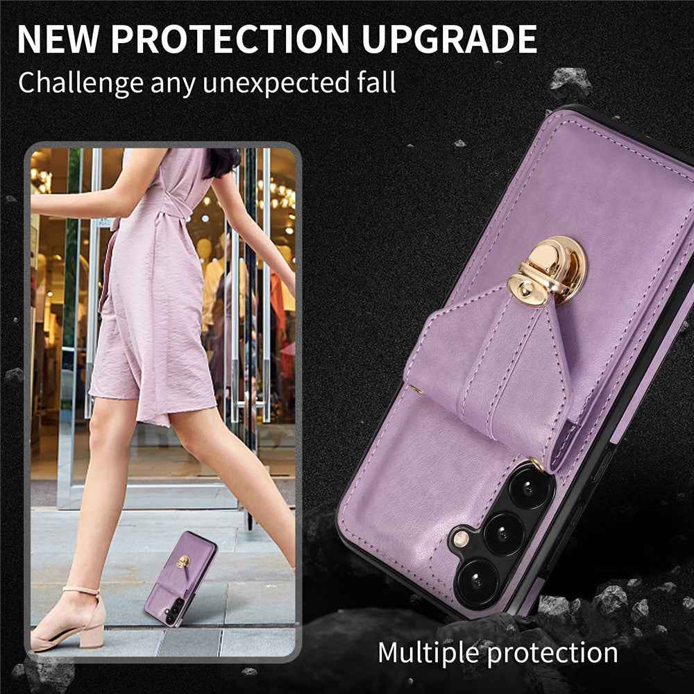 For Samsung Galaxy A57 5G Case Card Holder Kickstand PU Leather + TPU Phone Cover with Shoulder Strap - Purple