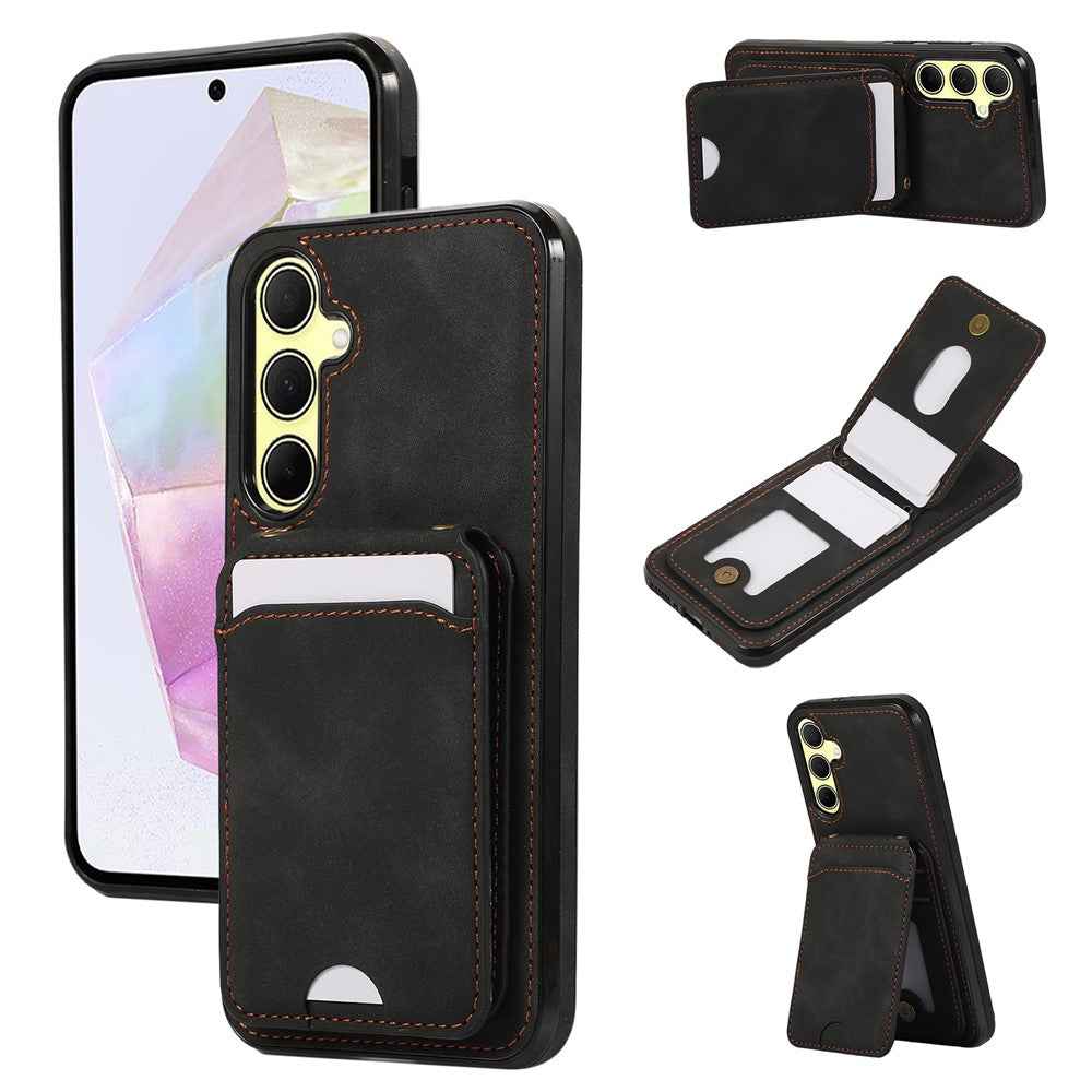 For Samsung Galaxy A57 5G Case Card Holder Kickstand Leather + TPU Phone Cover with Shoulder Strap - Black
