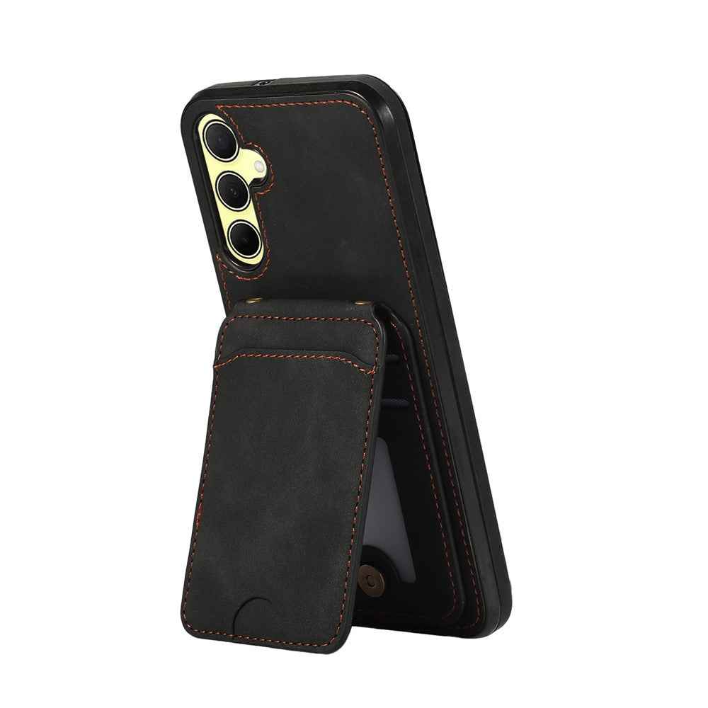 For Samsung Galaxy A57 5G Case Card Holder Kickstand Leather + TPU Phone Cover with Shoulder Strap - Black