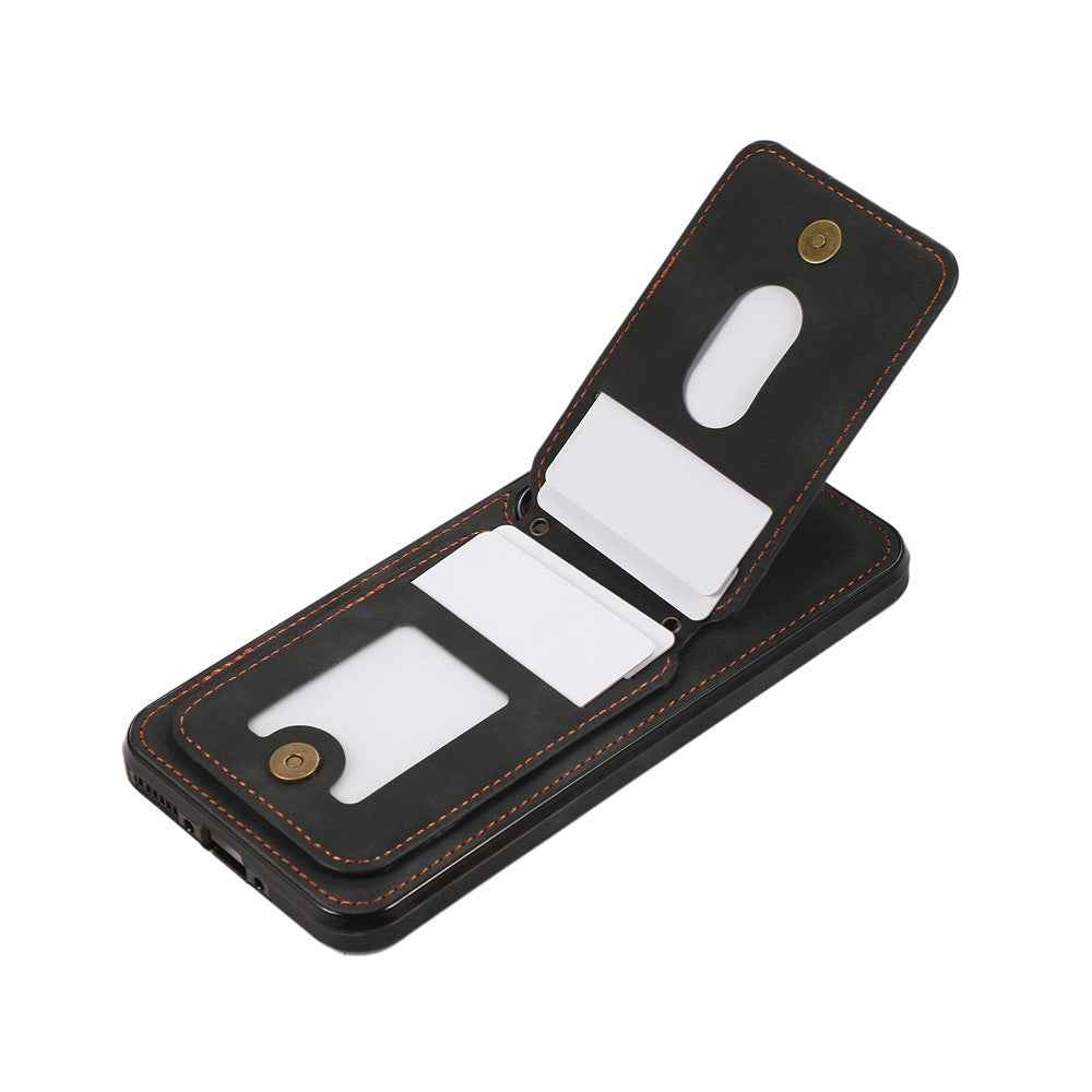 For Samsung Galaxy A57 5G Case Card Holder Kickstand Leather + TPU Phone Cover with Shoulder Strap - Black