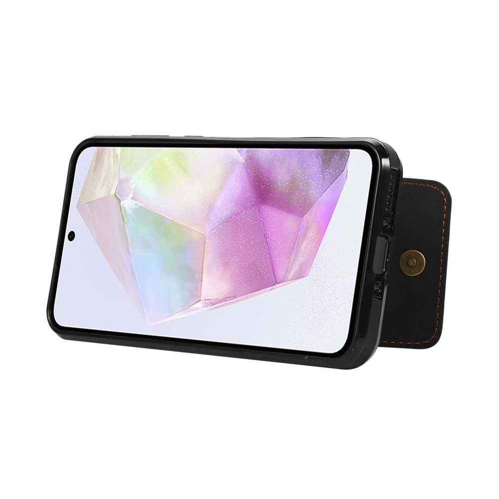 For Samsung Galaxy A57 5G Case Card Holder Kickstand Leather + TPU Phone Cover with Shoulder Strap - Black