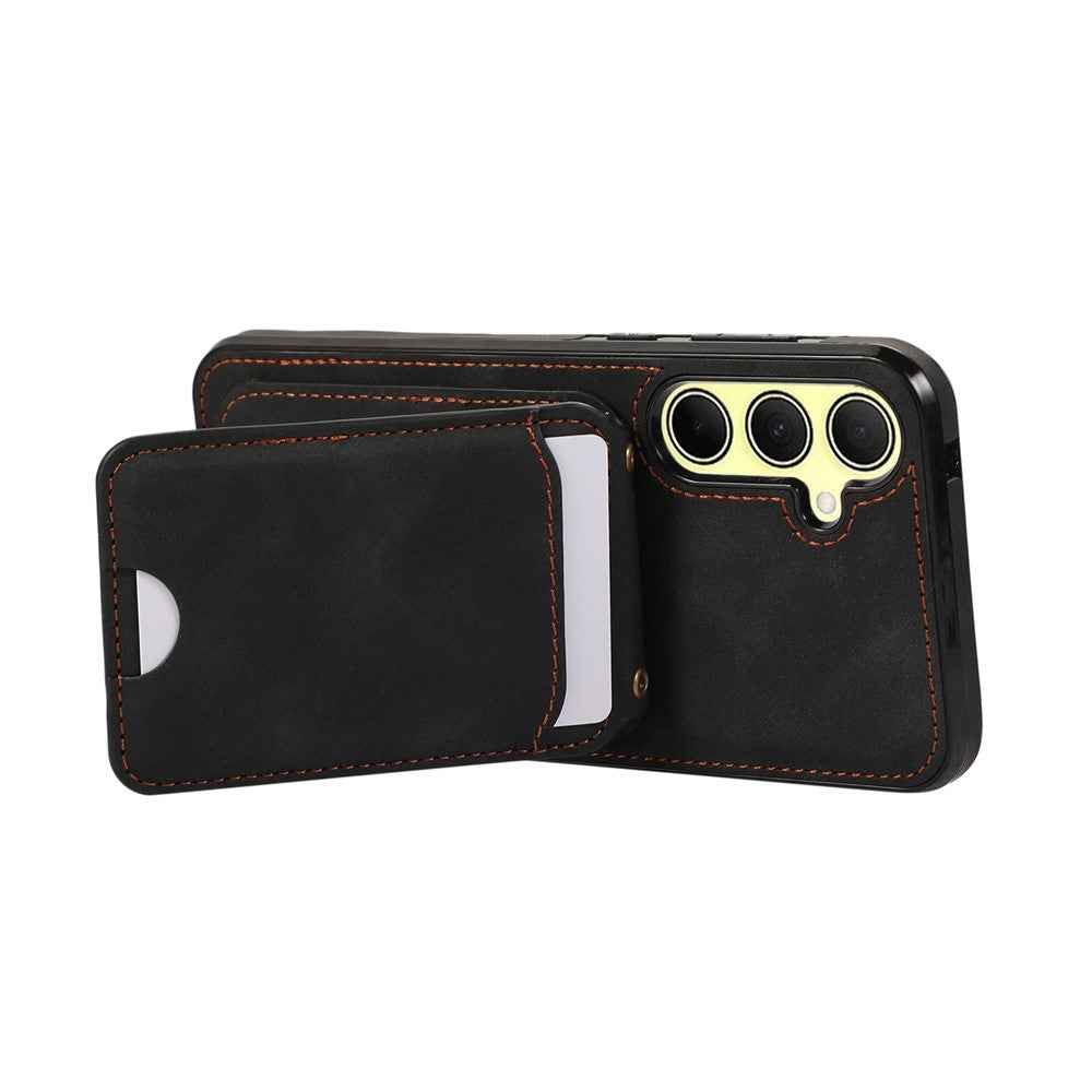 For Samsung Galaxy A57 5G Case Card Holder Kickstand Leather + TPU Phone Cover with Shoulder Strap - Black