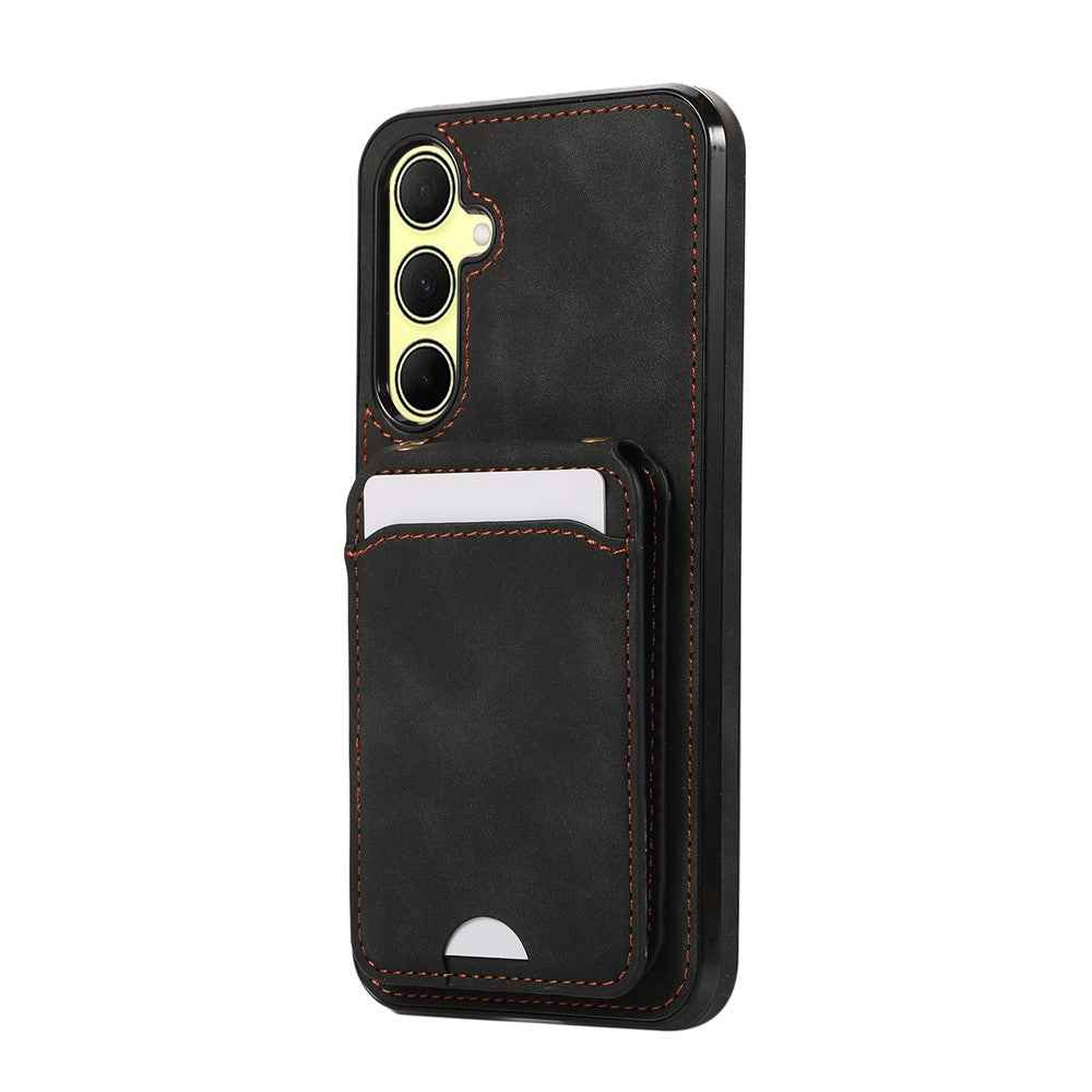 For Samsung Galaxy A57 5G Case Card Holder Kickstand Leather + TPU Phone Cover with Shoulder Strap - Black