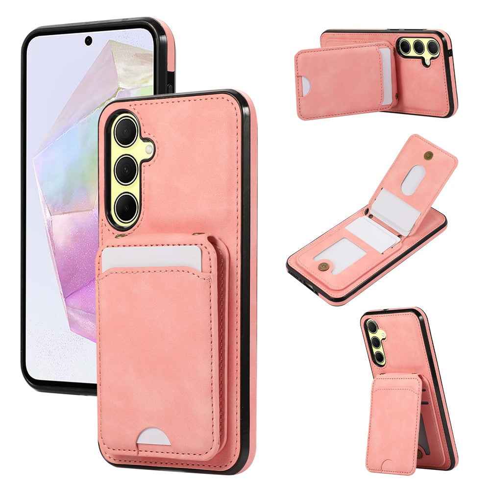 For Samsung Galaxy A57 5G Case Card Holder Kickstand Leather + TPU Phone Cover with Shoulder Strap - Pink