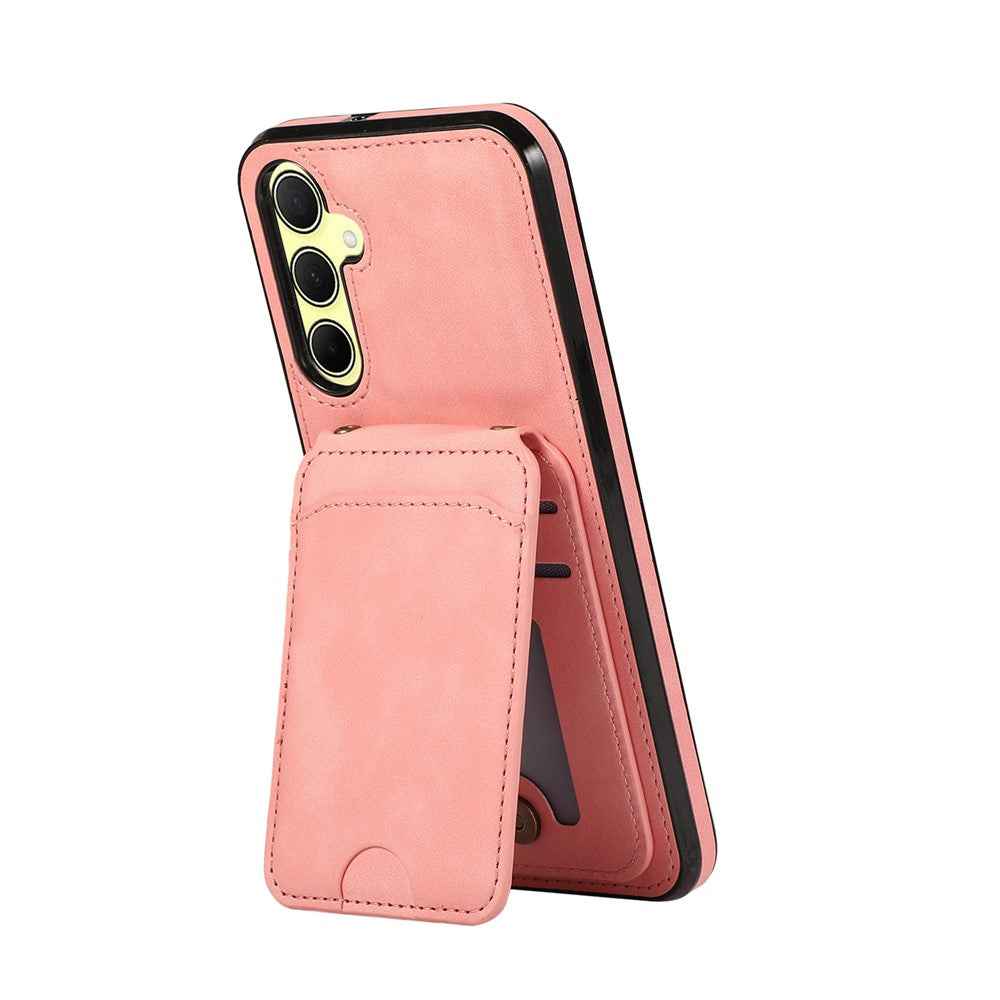 For Samsung Galaxy A57 5G Case Card Holder Kickstand Leather + TPU Phone Cover with Shoulder Strap - Pink
