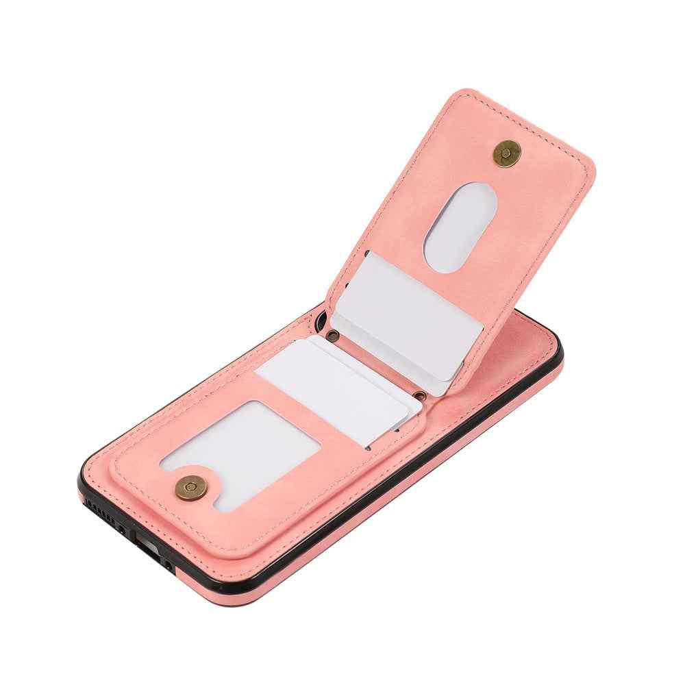 For Samsung Galaxy A57 5G Case Card Holder Kickstand Leather + TPU Phone Cover with Shoulder Strap - Pink