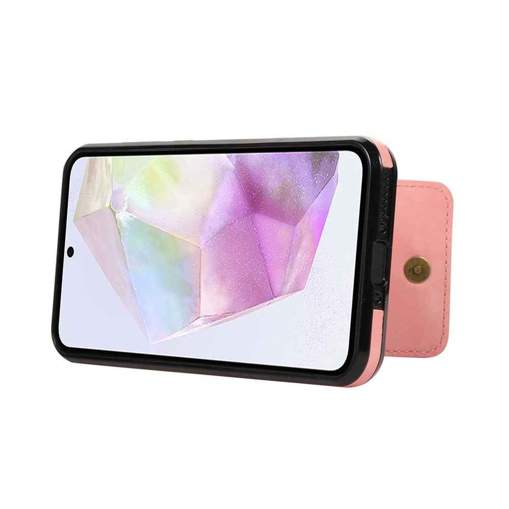 For Samsung Galaxy A57 5G Case Card Holder Kickstand Leather + TPU Phone Cover with Shoulder Strap - Pink