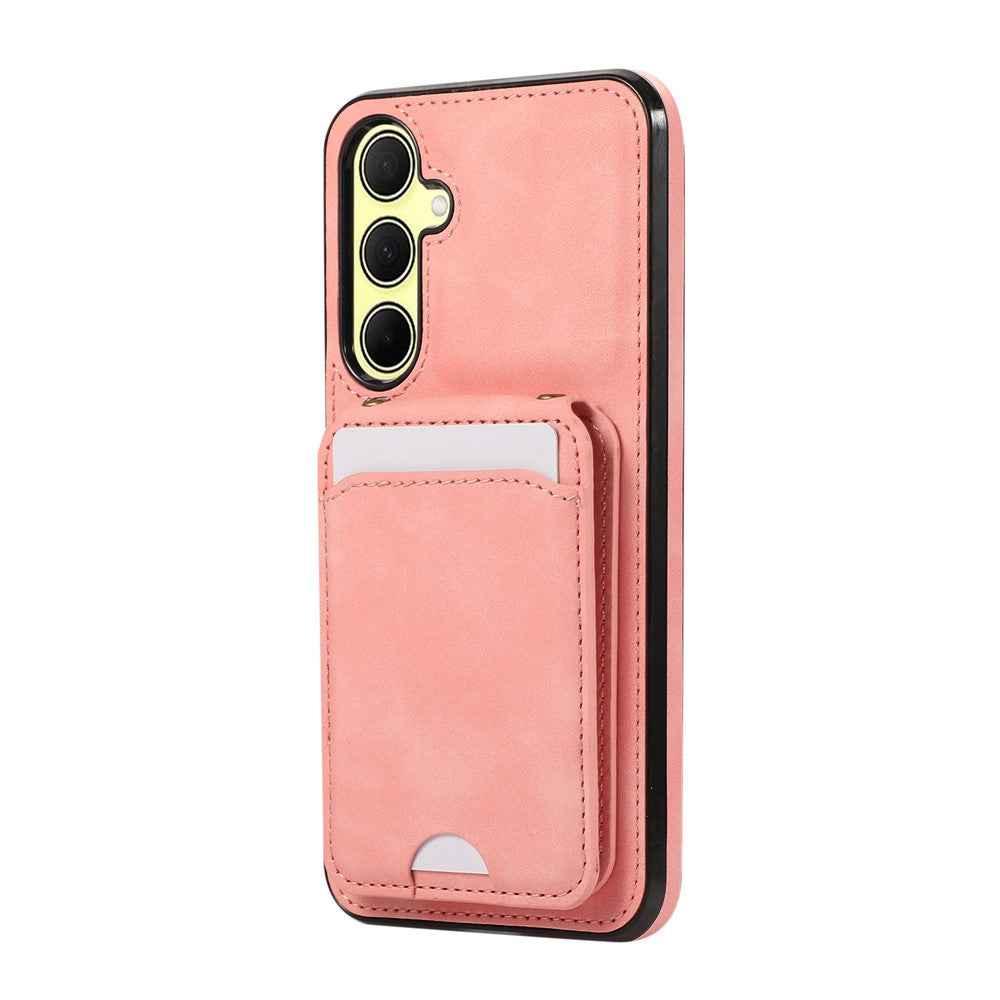 For Samsung Galaxy A57 5G Case Card Holder Kickstand Leather + TPU Phone Cover with Shoulder Strap - Pink