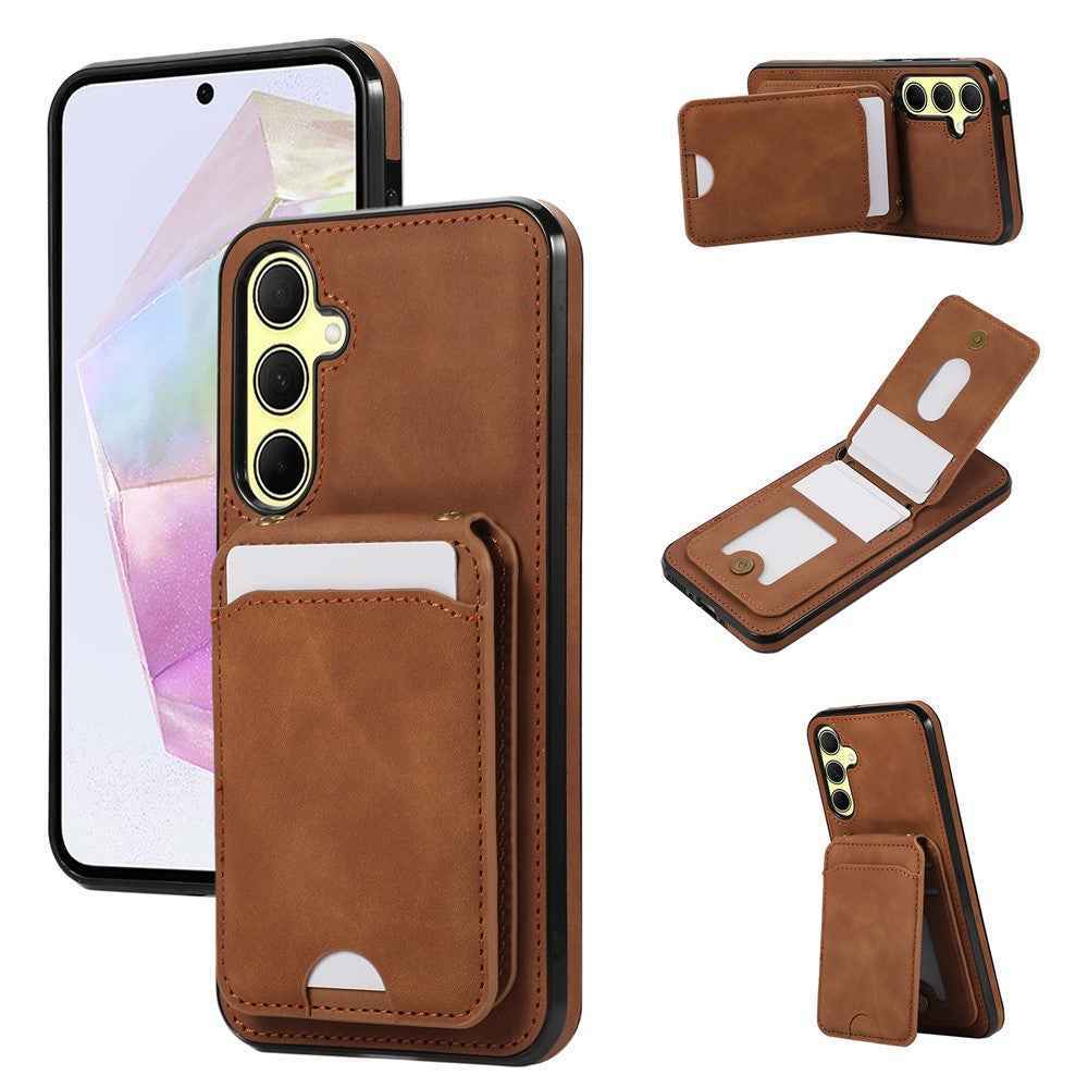 For Samsung Galaxy A57 5G Case Card Holder Kickstand Leather + TPU Phone Cover with Shoulder Strap - Brown