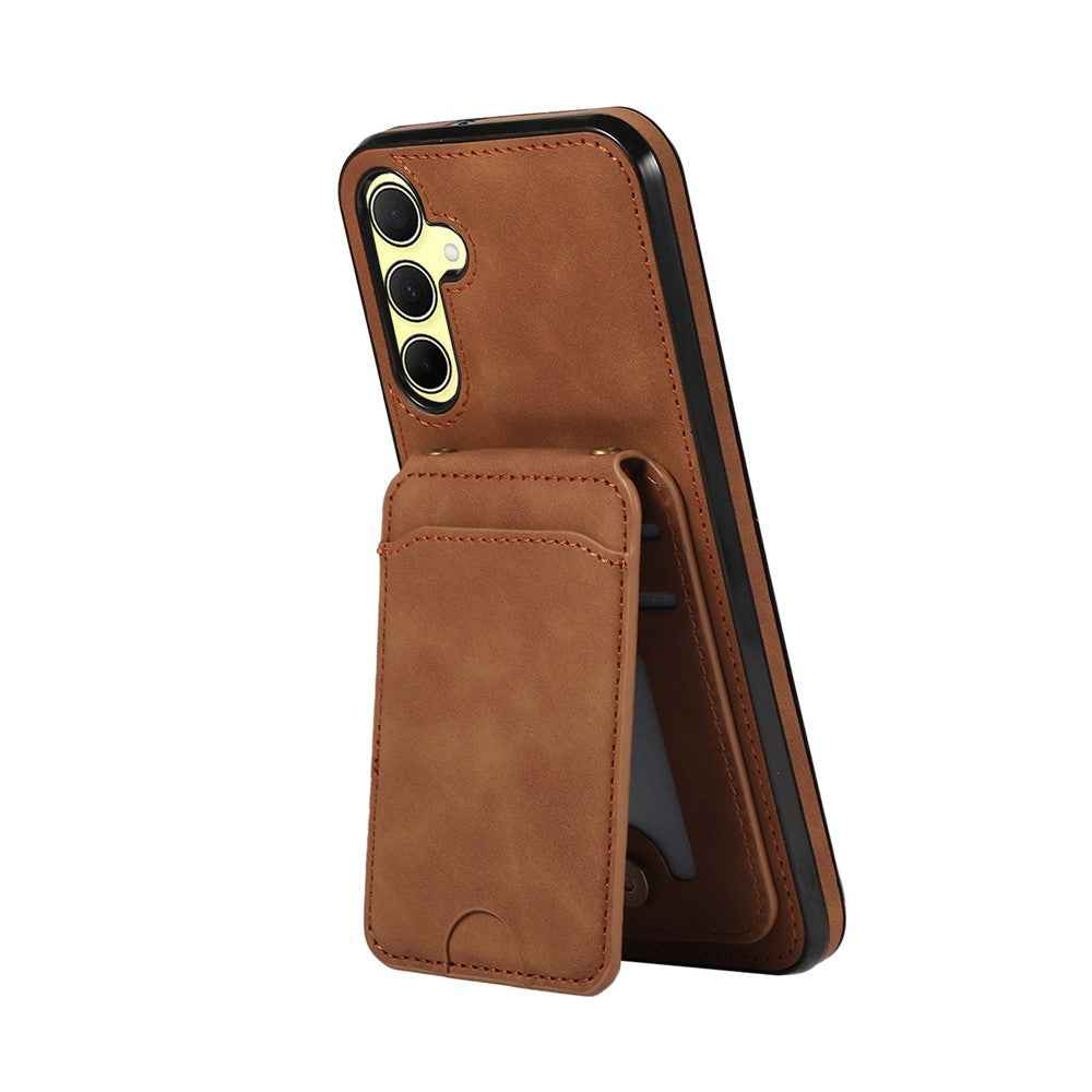 For Samsung Galaxy A57 5G Case Card Holder Kickstand Leather + TPU Phone Cover with Shoulder Strap - Brown