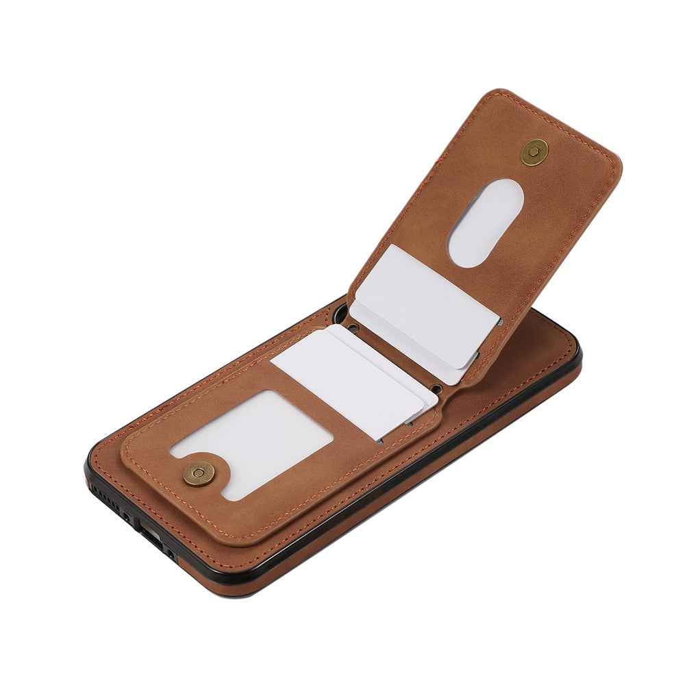 For Samsung Galaxy A57 5G Case Card Holder Kickstand Leather + TPU Phone Cover with Shoulder Strap - Brown