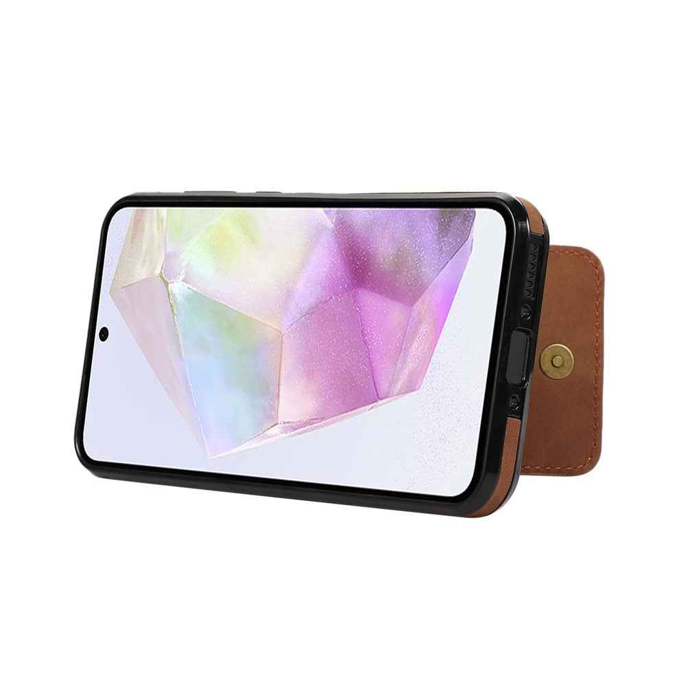 For Samsung Galaxy A57 5G Case Card Holder Kickstand Leather + TPU Phone Cover with Shoulder Strap - Brown