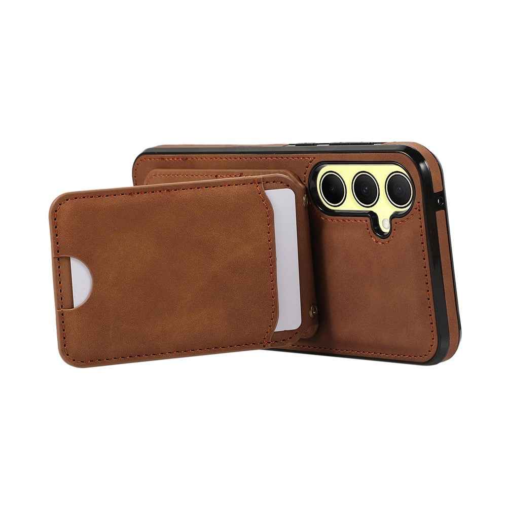 For Samsung Galaxy A57 5G Case Card Holder Kickstand Leather + TPU Phone Cover with Shoulder Strap - Brown