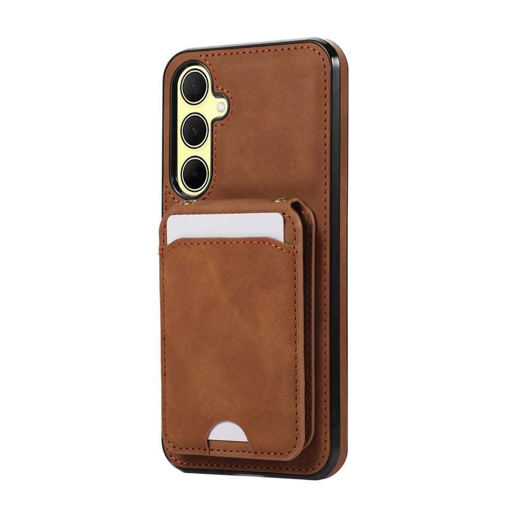 For Samsung Galaxy A57 5G Case Card Holder Kickstand Leather + TPU Phone Cover with Shoulder Strap - Brown