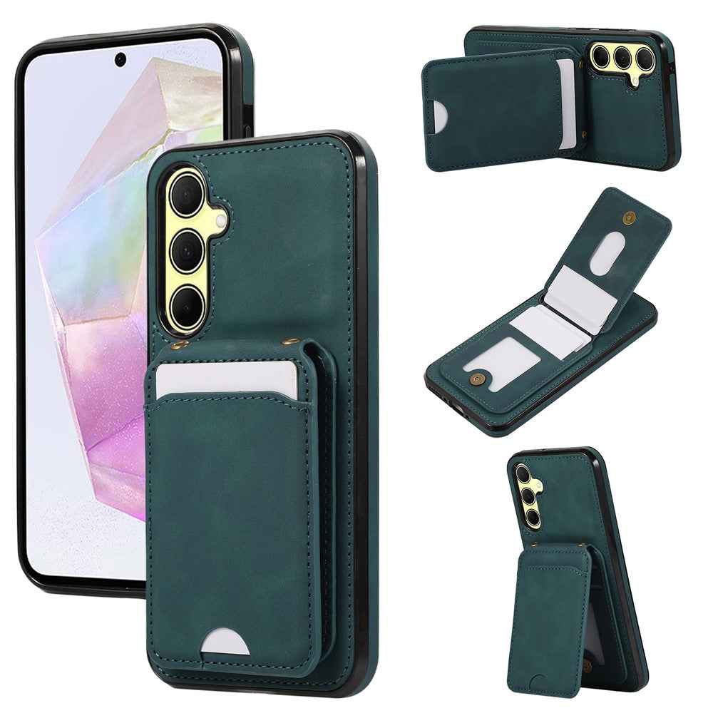 For Samsung Galaxy A57 5G Case Card Holder Kickstand Leather + TPU Phone Cover with Shoulder Strap - Green