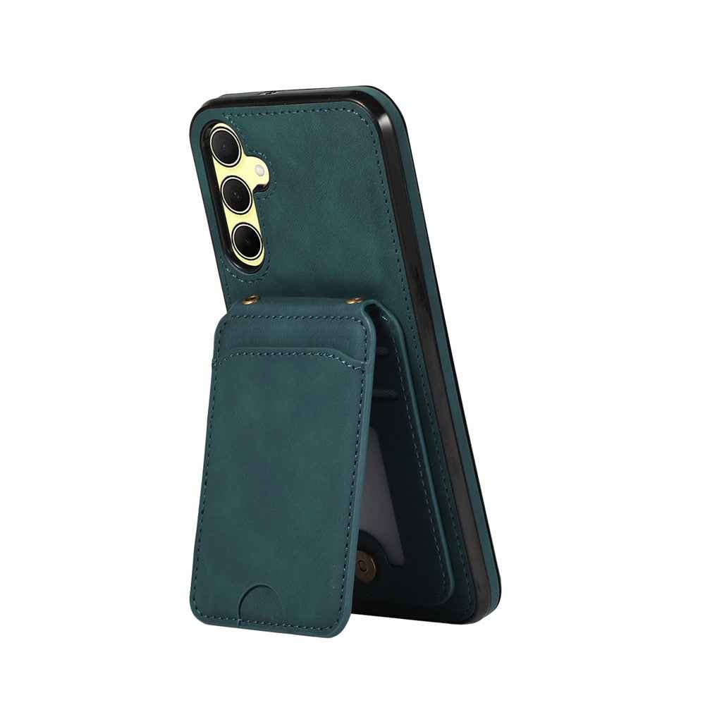 For Samsung Galaxy A57 5G Case Card Holder Kickstand Leather + TPU Phone Cover with Shoulder Strap - Green