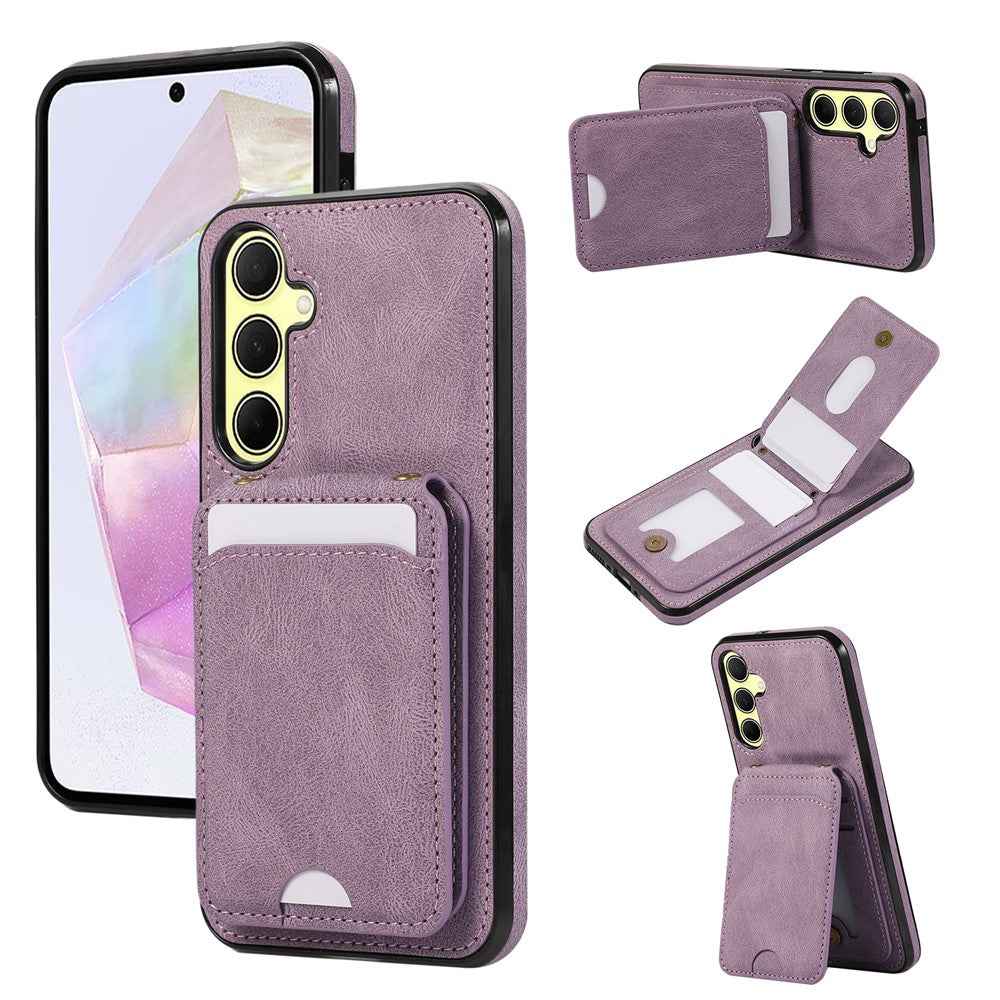 For Samsung Galaxy A57 5G Case Card Holder Kickstand Leather + TPU Phone Cover with Shoulder Strap - Purple