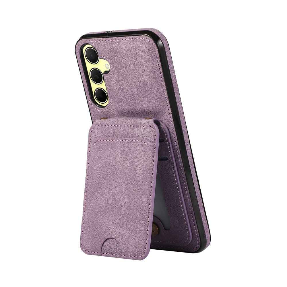 For Samsung Galaxy A57 5G Case Card Holder Kickstand Leather + TPU Phone Cover with Shoulder Strap - Purple