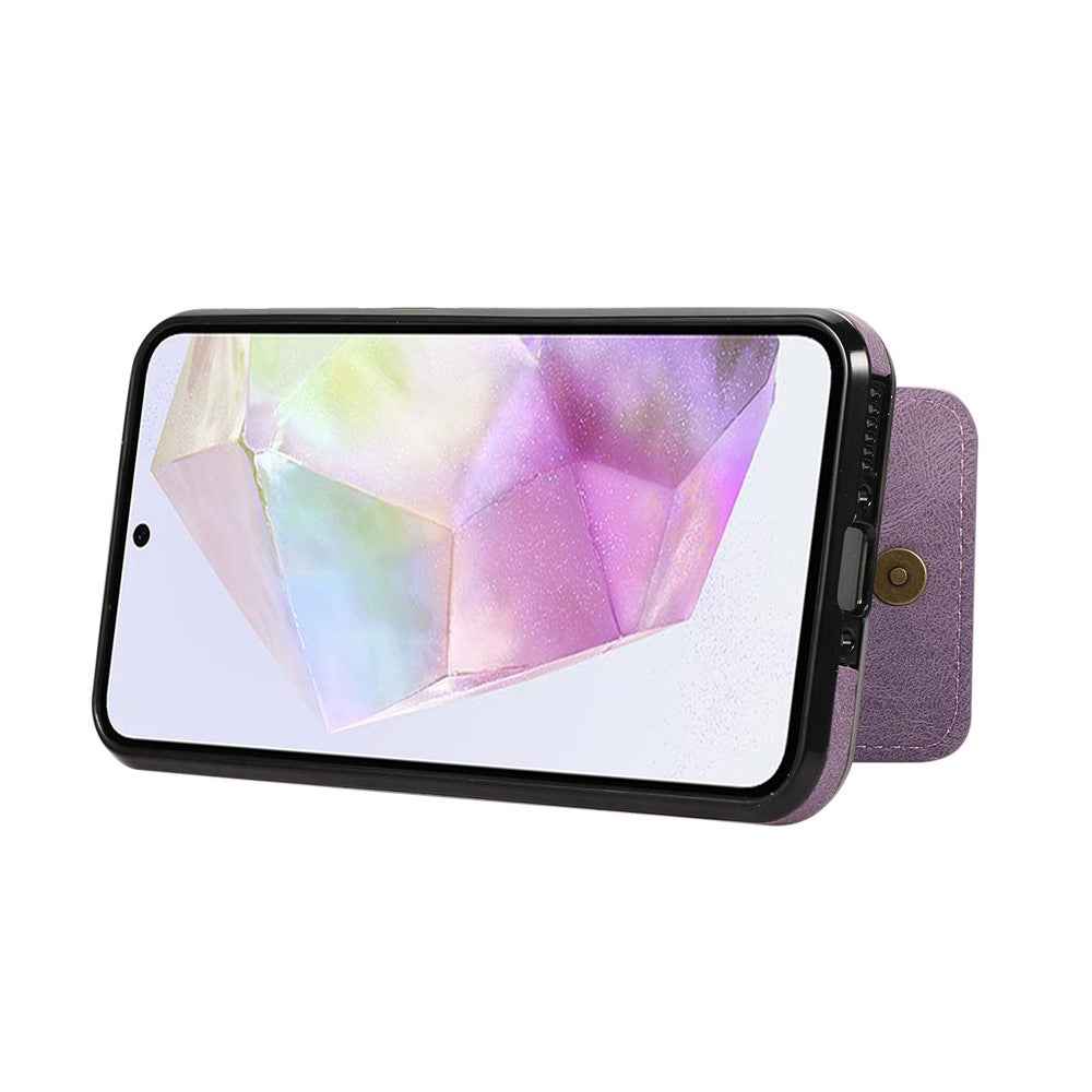 For Samsung Galaxy A57 5G Case Card Holder Kickstand Leather + TPU Phone Cover with Shoulder Strap - Purple