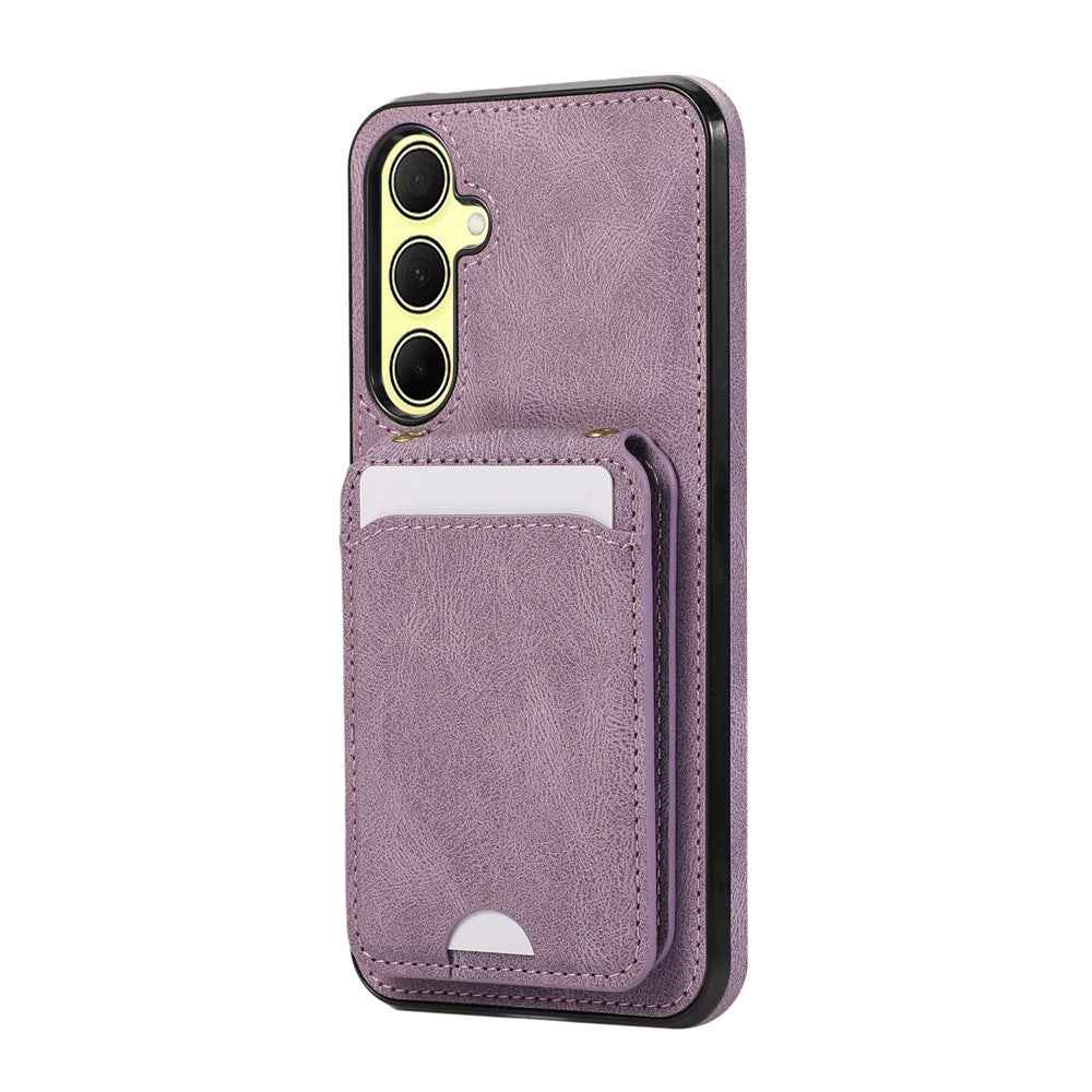 For Samsung Galaxy A57 5G Case Card Holder Kickstand Leather + TPU Phone Cover with Shoulder Strap - Purple