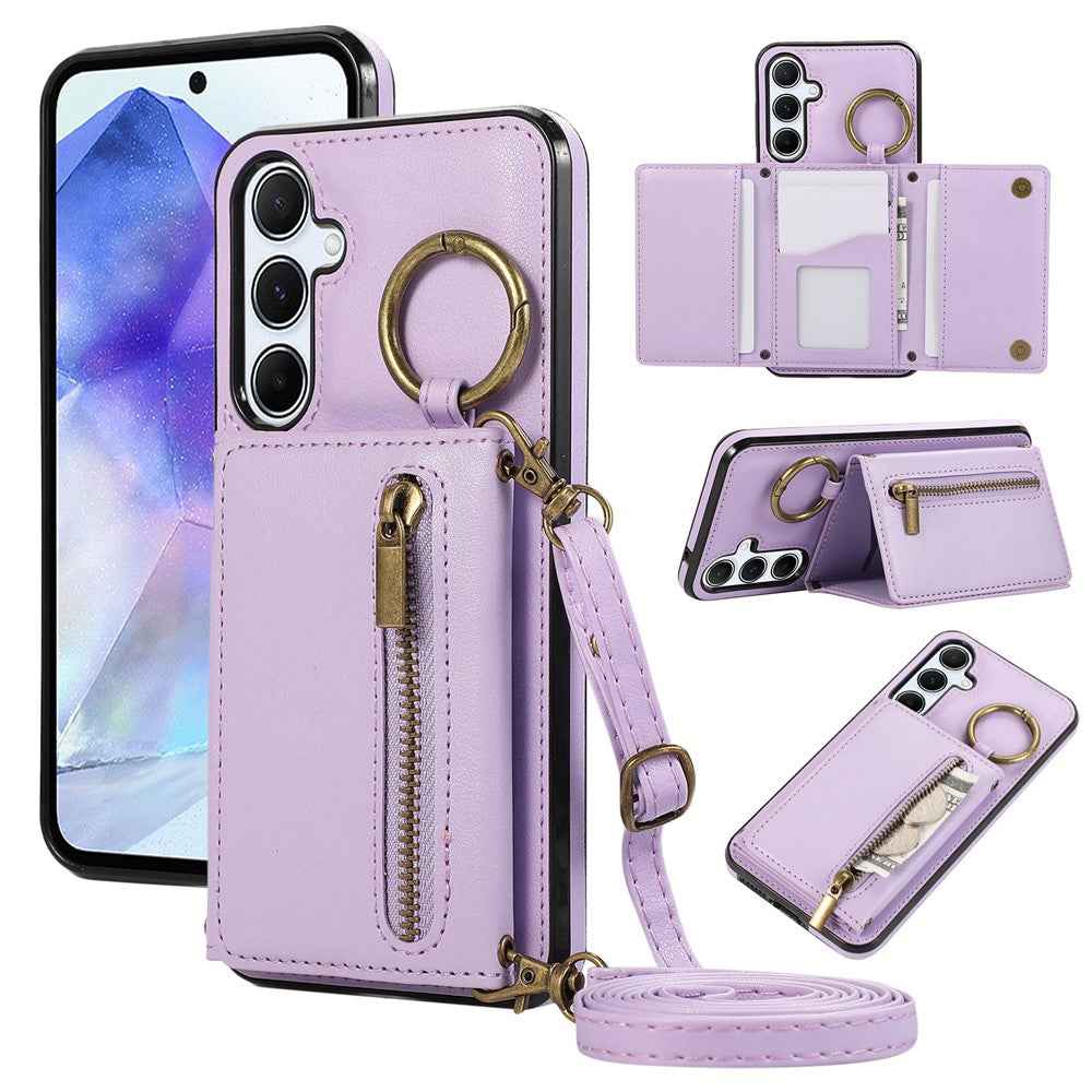 For Samsung Galaxy A57 5G Leather Back Cover Zipper Wallet Kickstand Phone Case with Shoulder Strap - Purple