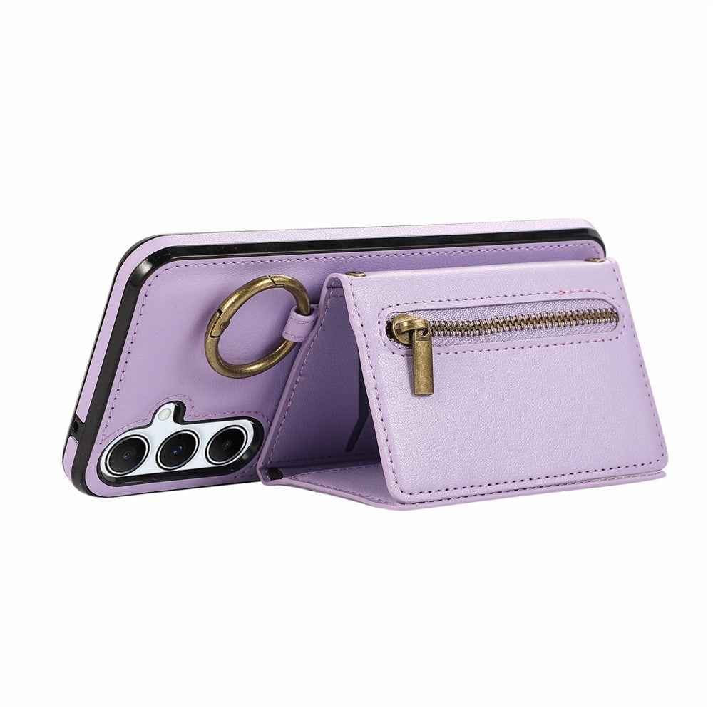 For Samsung Galaxy A57 5G Leather Back Cover Zipper Wallet Kickstand Phone Case with Shoulder Strap - Purple