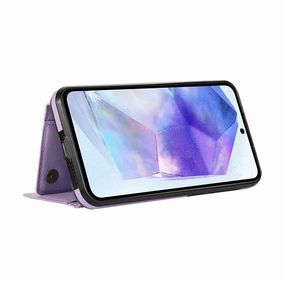 For Samsung Galaxy A57 5G Leather Back Cover Zipper Wallet Kickstand Phone Case with Shoulder Strap - Purple