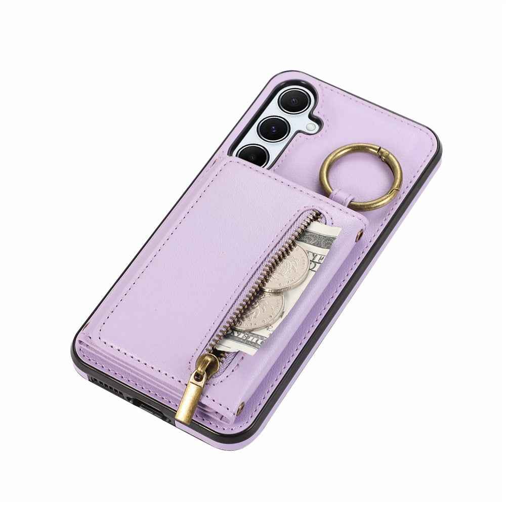 For Samsung Galaxy A57 5G Leather Back Cover Zipper Wallet Kickstand Phone Case with Shoulder Strap - Purple