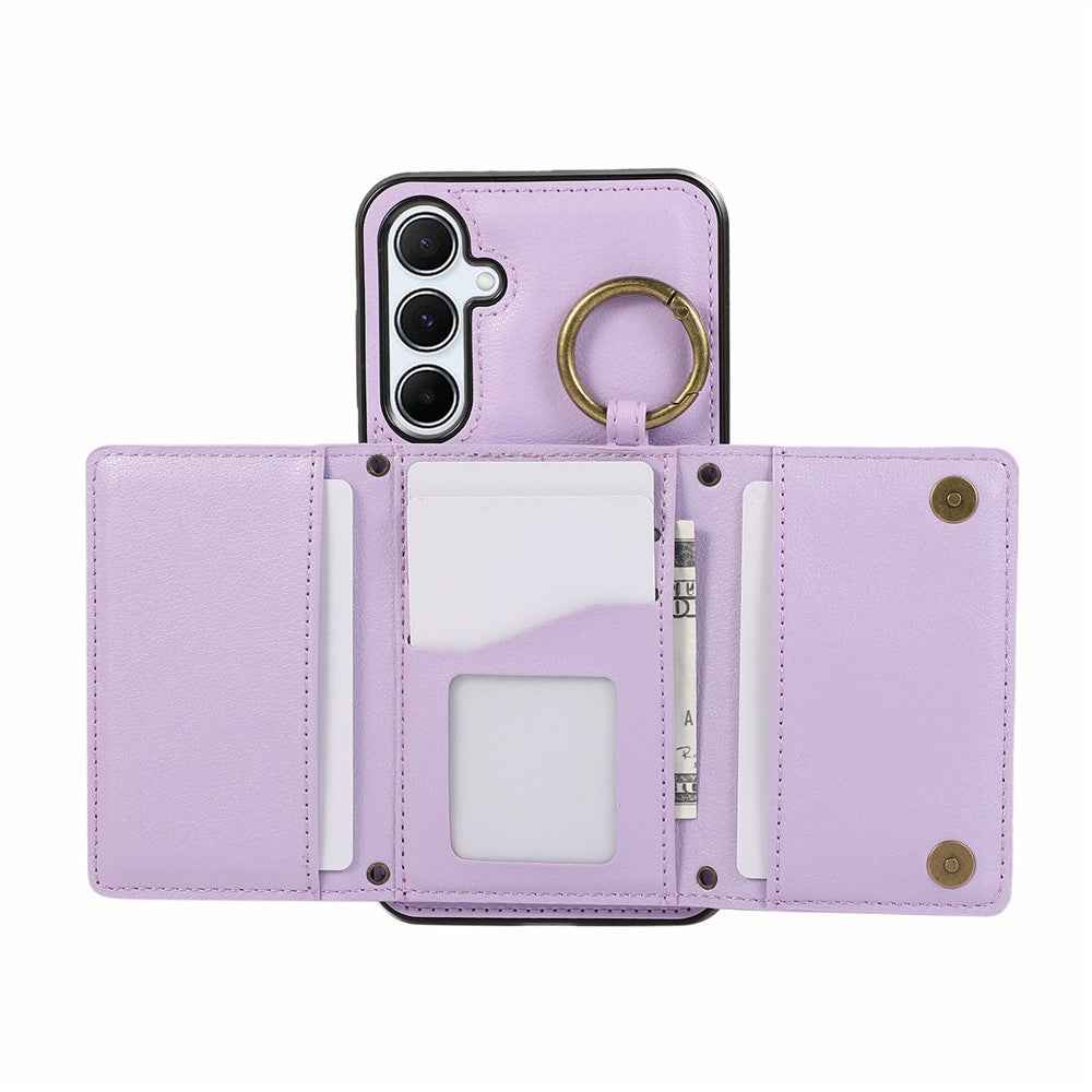 For Samsung Galaxy A57 5G Leather Back Cover Zipper Wallet Kickstand Phone Case with Shoulder Strap - Purple
