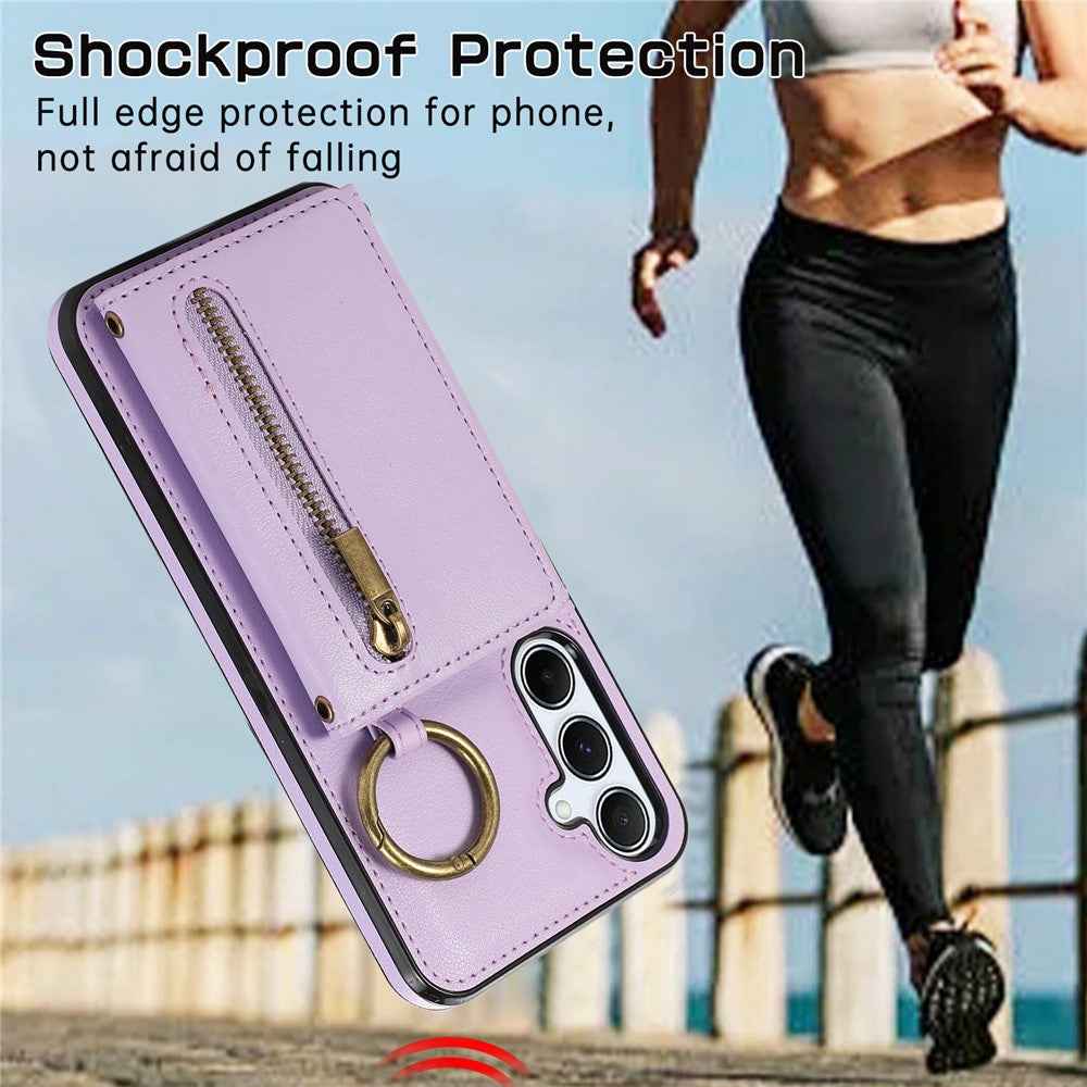 For Samsung Galaxy A57 5G Leather Back Cover Zipper Wallet Kickstand Phone Case with Shoulder Strap - Purple