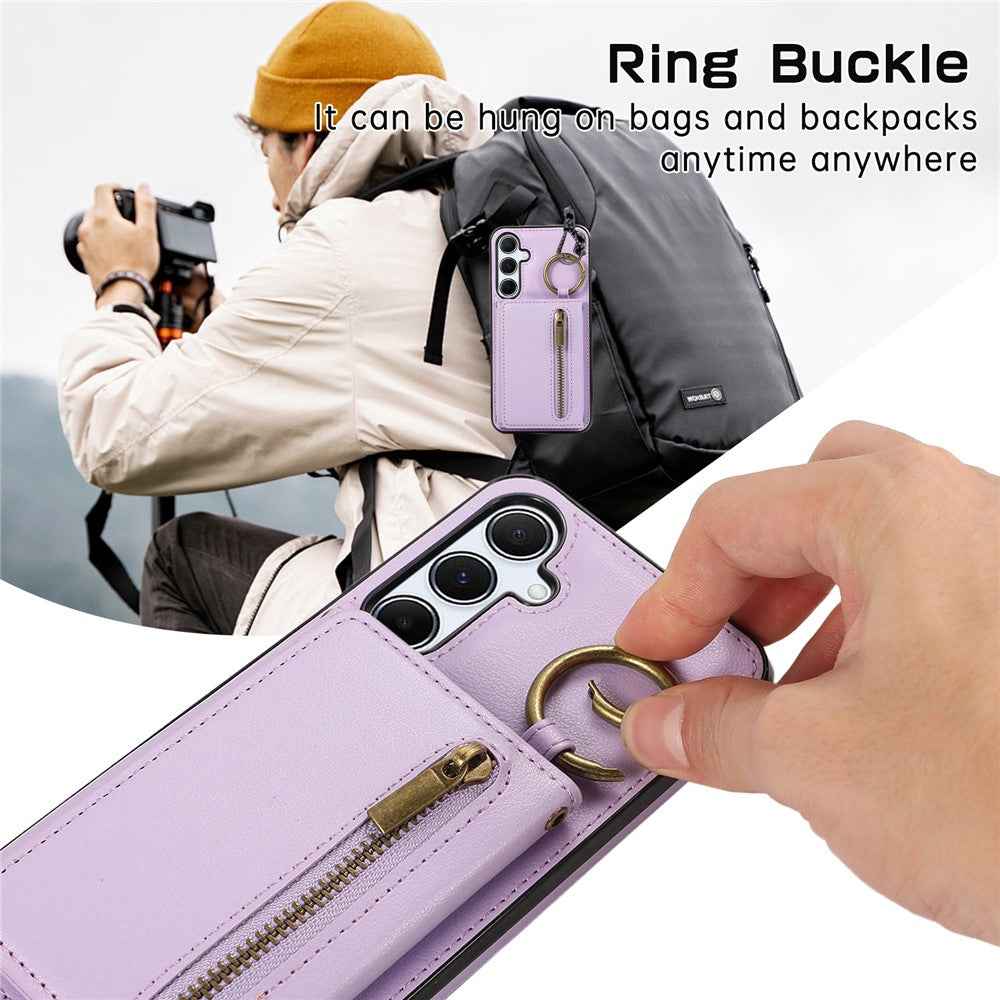 For Samsung Galaxy A57 5G Leather Back Cover Zipper Wallet Kickstand Phone Case with Shoulder Strap - Purple