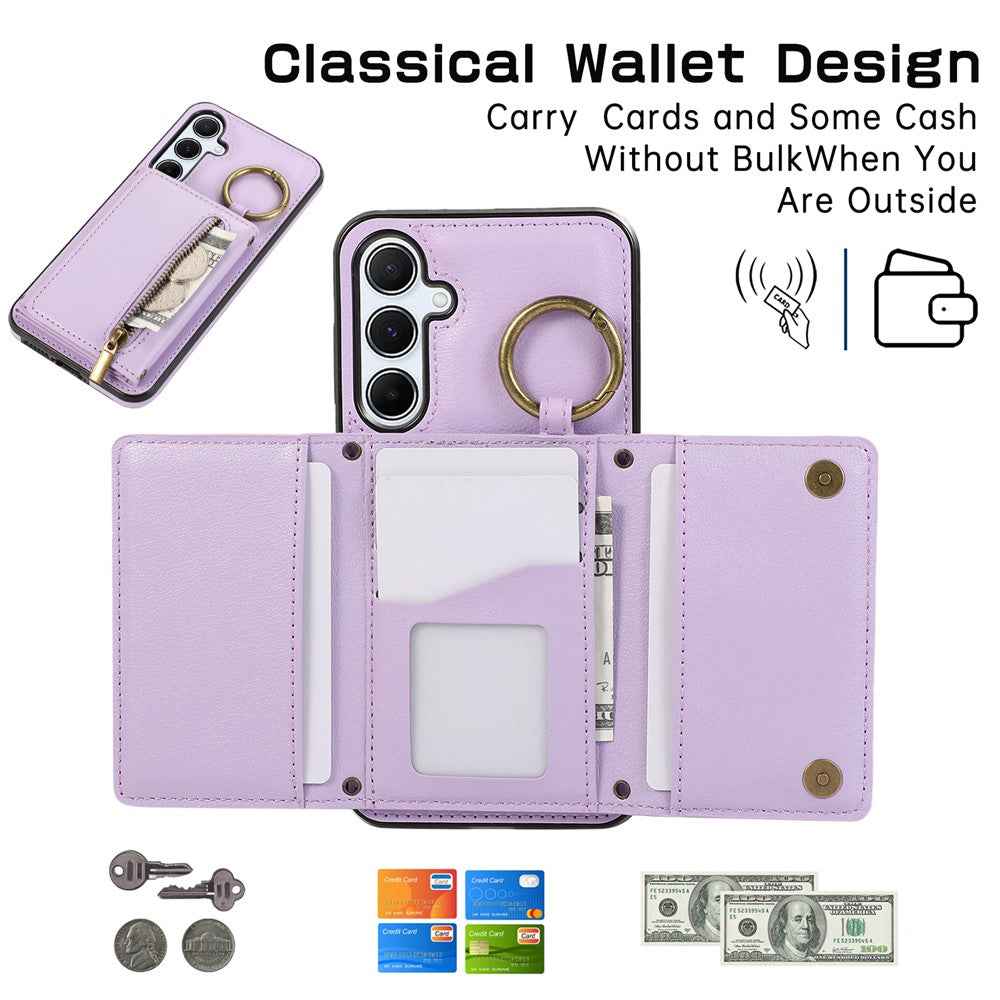 For Samsung Galaxy A57 5G Leather Back Cover Zipper Wallet Kickstand Phone Case with Shoulder Strap - Purple