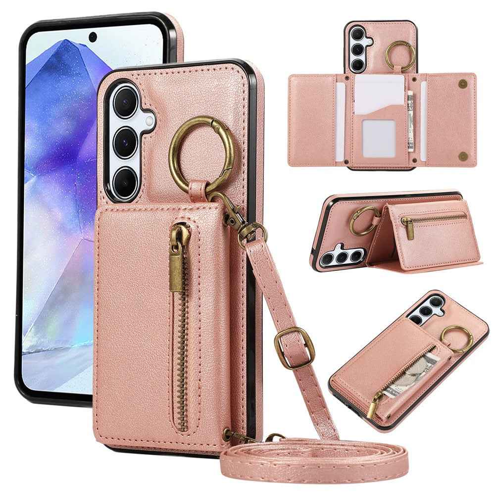 For Samsung Galaxy A57 5G Leather Back Cover Zipper Wallet Kickstand Phone Case with Shoulder Strap - Pink