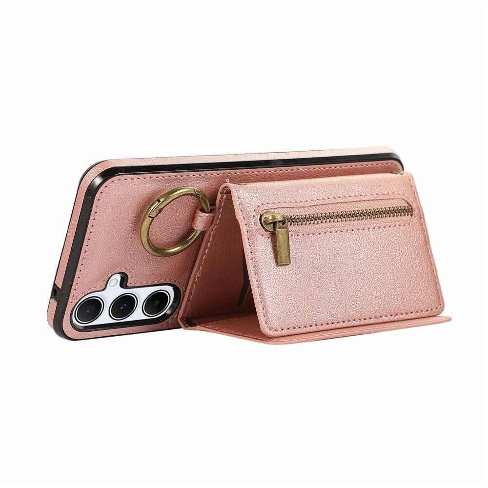 For Samsung Galaxy A57 5G Leather Back Cover Zipper Wallet Kickstand Phone Case with Shoulder Strap - Pink