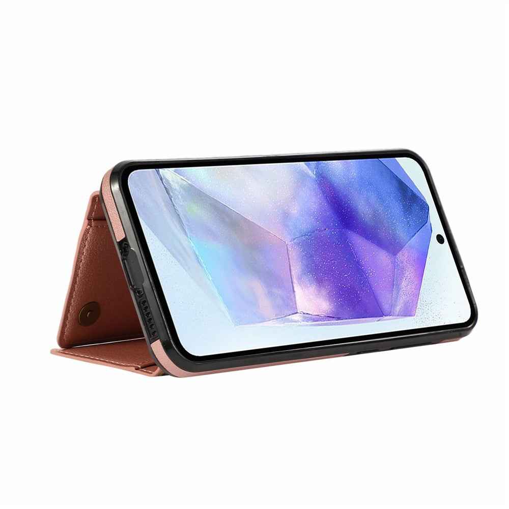 For Samsung Galaxy A57 5G Leather Back Cover Zipper Wallet Kickstand Phone Case with Shoulder Strap - Pink