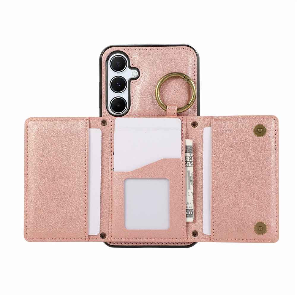 For Samsung Galaxy A57 5G Leather Back Cover Zipper Wallet Kickstand Phone Case with Shoulder Strap - Pink