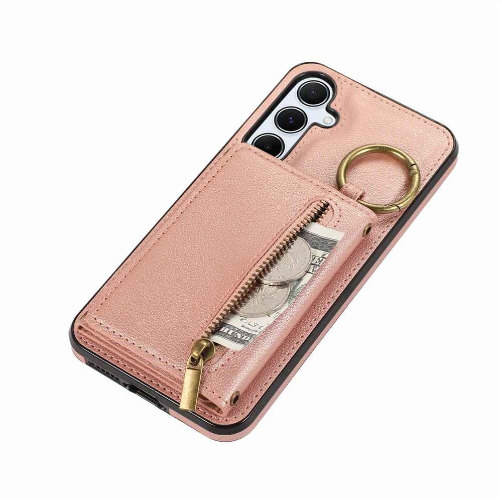For Samsung Galaxy A57 5G Leather Back Cover Zipper Wallet Kickstand Phone Case with Shoulder Strap - Pink