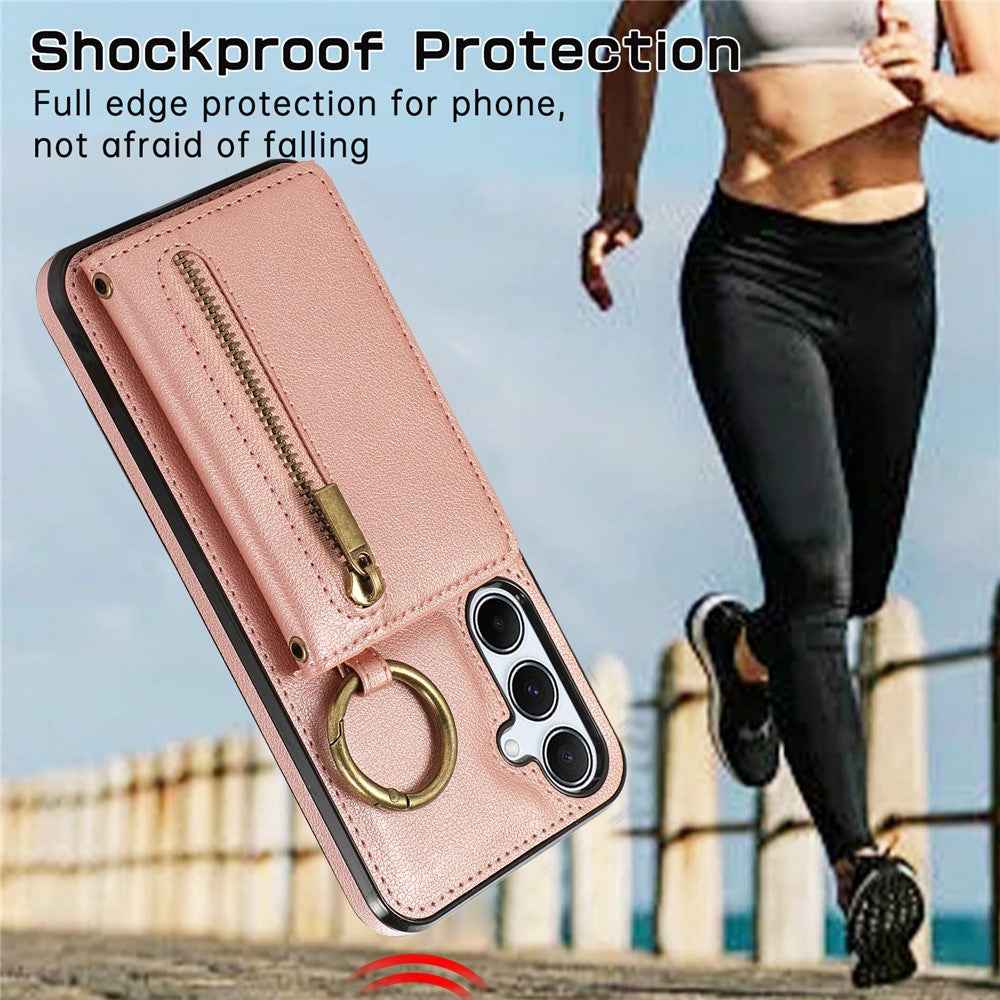 For Samsung Galaxy A57 5G Leather Back Cover Zipper Wallet Kickstand Phone Case with Shoulder Strap - Pink