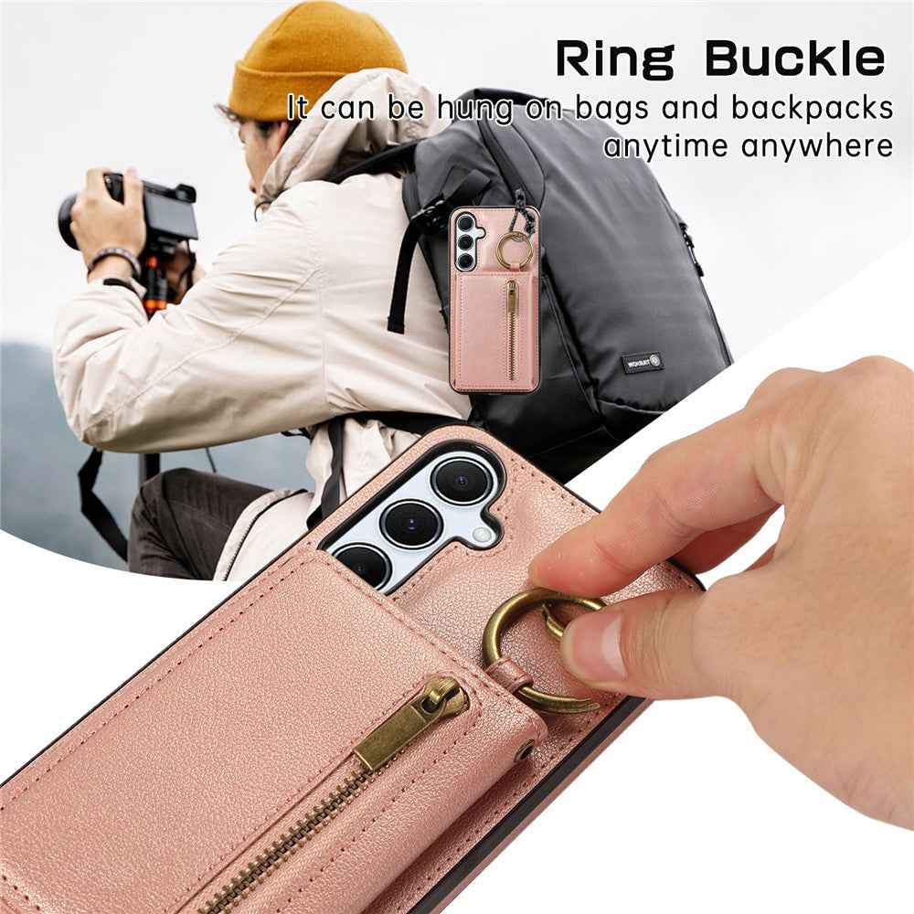 For Samsung Galaxy A57 5G Leather Back Cover Zipper Wallet Kickstand Phone Case with Shoulder Strap - Pink