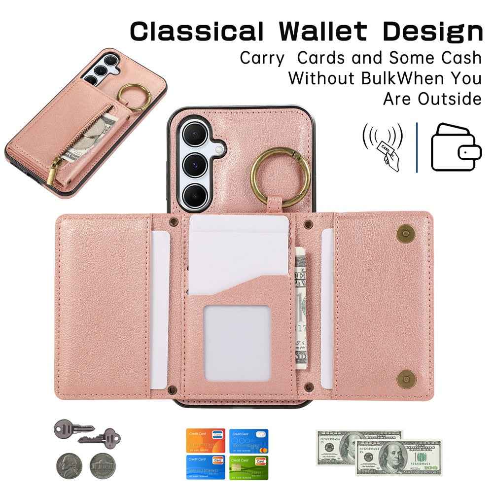 For Samsung Galaxy A57 5G Leather Back Cover Zipper Wallet Kickstand Phone Case with Shoulder Strap - Pink