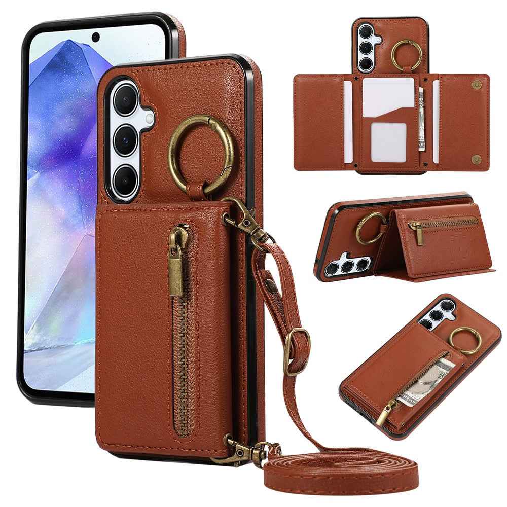 For Samsung Galaxy A57 5G Leather Back Cover Zipper Wallet Kickstand Phone Case with Shoulder Strap - Brown
